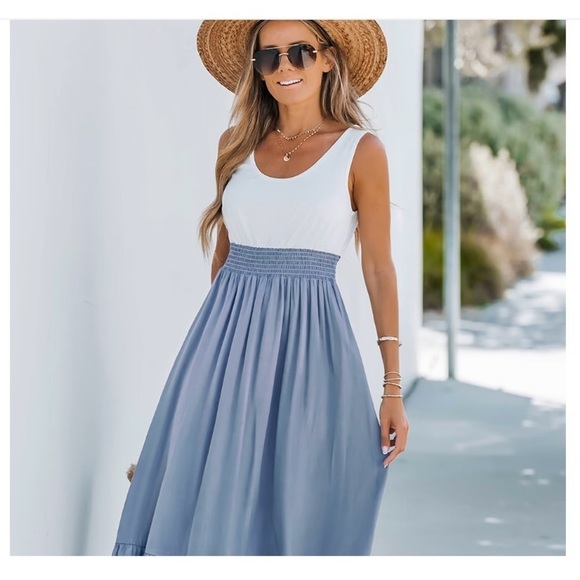 NWT Cupshe Blue & White Ruffled Scoop Neck A-Line Dress Size XS - Picture 2 of 8